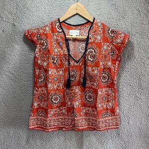 Jun & Ivy Top Women Large Orange And Blue Capped Sleeves Tassels